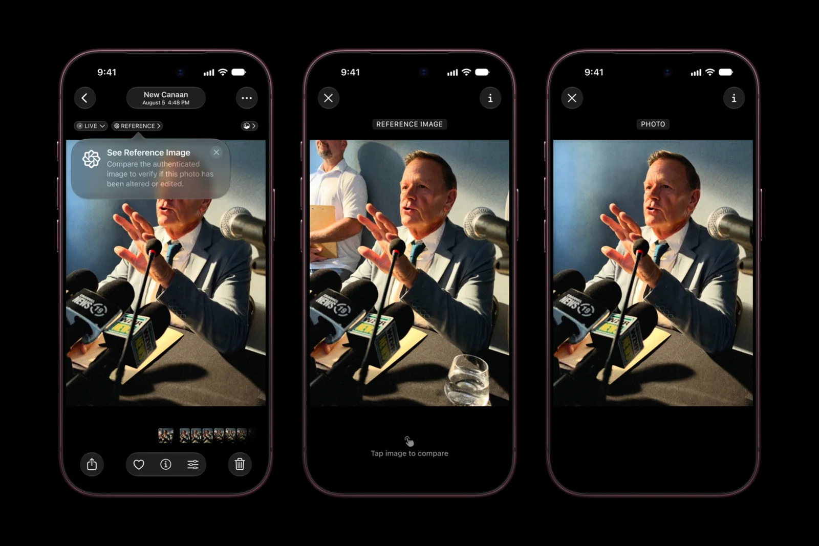Tiga layar iPhone menampilkan fitur Apple Reference Image di aplikasi Foto
