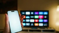 Tangan memegang ponsel di depan smart TV yang menampilkan deretan aplikasi di ruang keluarga