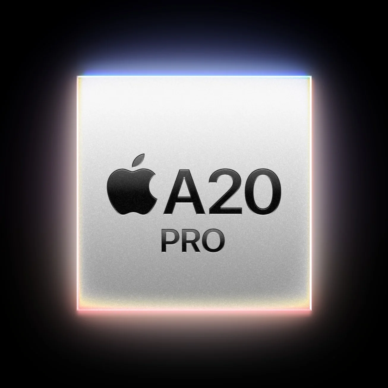 Logo chip Apple A20 Pro bercahaya di latar hitam