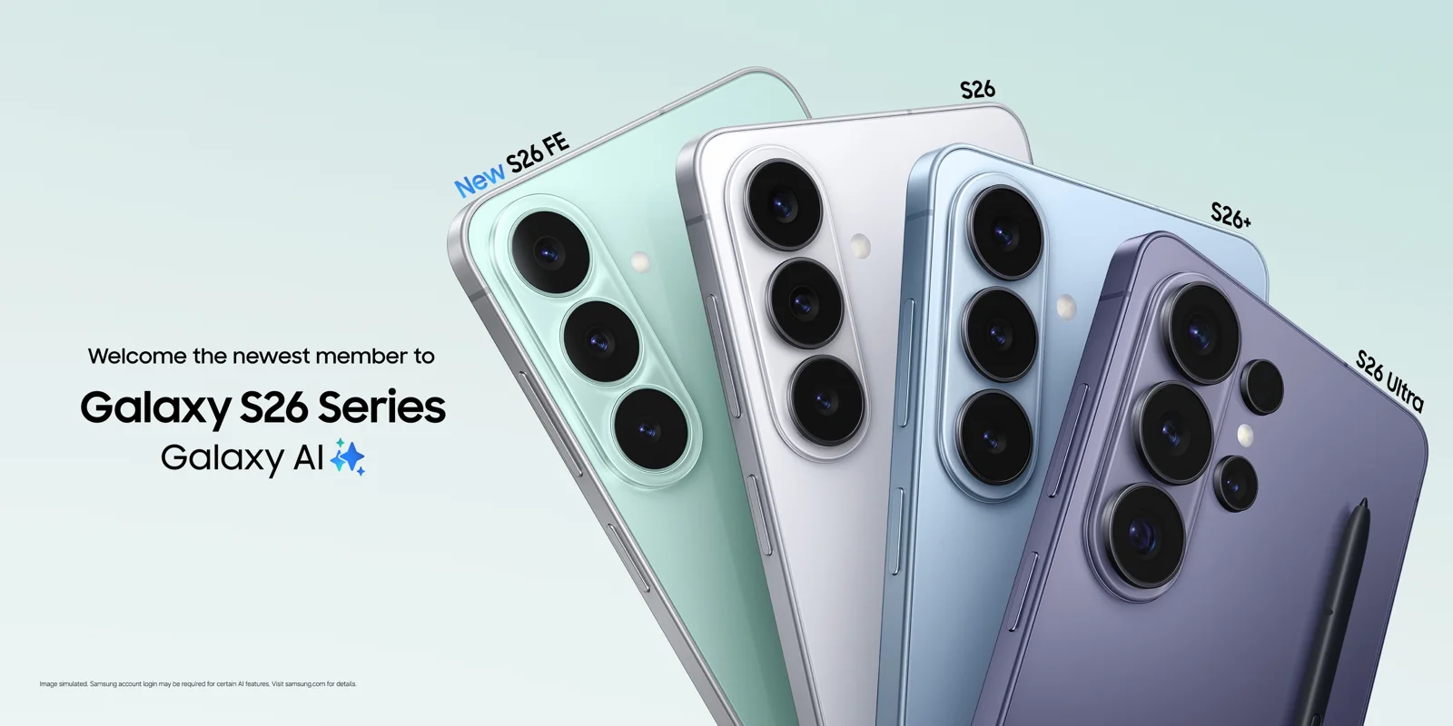 Galaxy S26 FE hijau berjajar dengan Galaxy S26, S26+, dan S26 Ultra