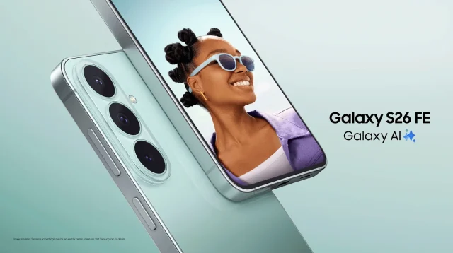 Samsung Galaxy S26 FE warna pistachio tampak depan dan belakang dengan tiga kamera