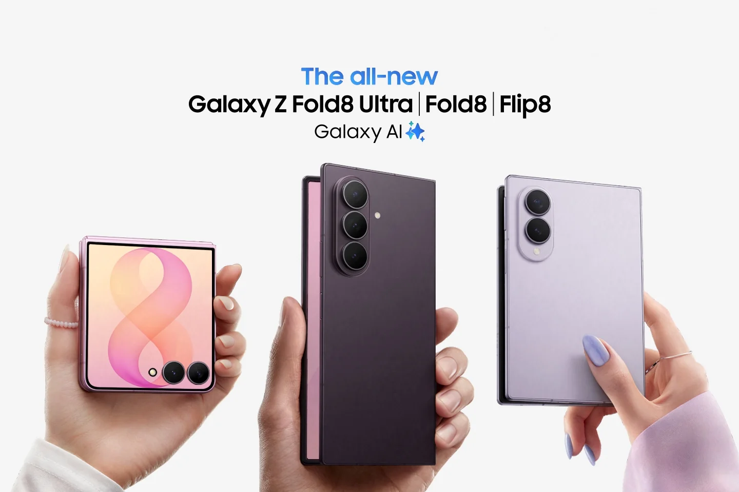 Galaxy Z Fold8 Lavender di samping Fold8 Ultra dan Flip8 dalam materi resmi Samsung