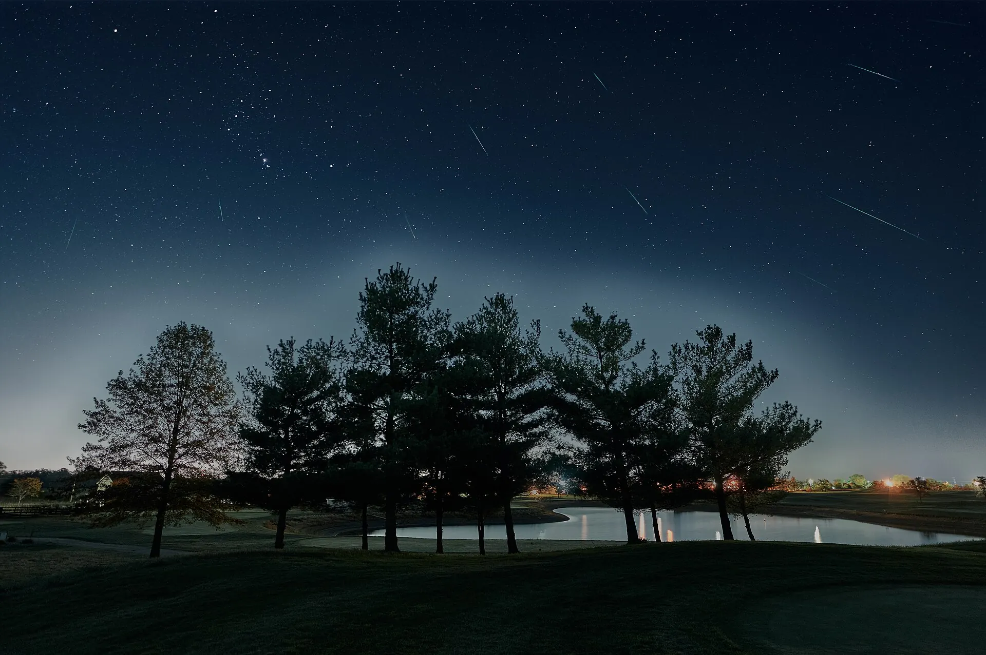 Foto gabungan beberapa meteor Orionid melintas di langit malam dengan rasi Orion di atas pepohonan