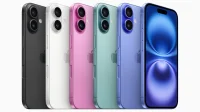 iphone-16-lima-warna-apple Lima iPhone 16 berwarna hitam, putih, pink, teal, dan ultramarine berjajar dengan kamera ganda vertikal