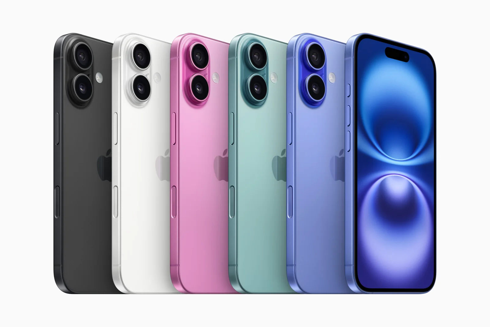 Lima iPhone 16 berwarna hitam, putih, pink, teal, dan ultramarine berjajar dengan kamera ganda vertikal