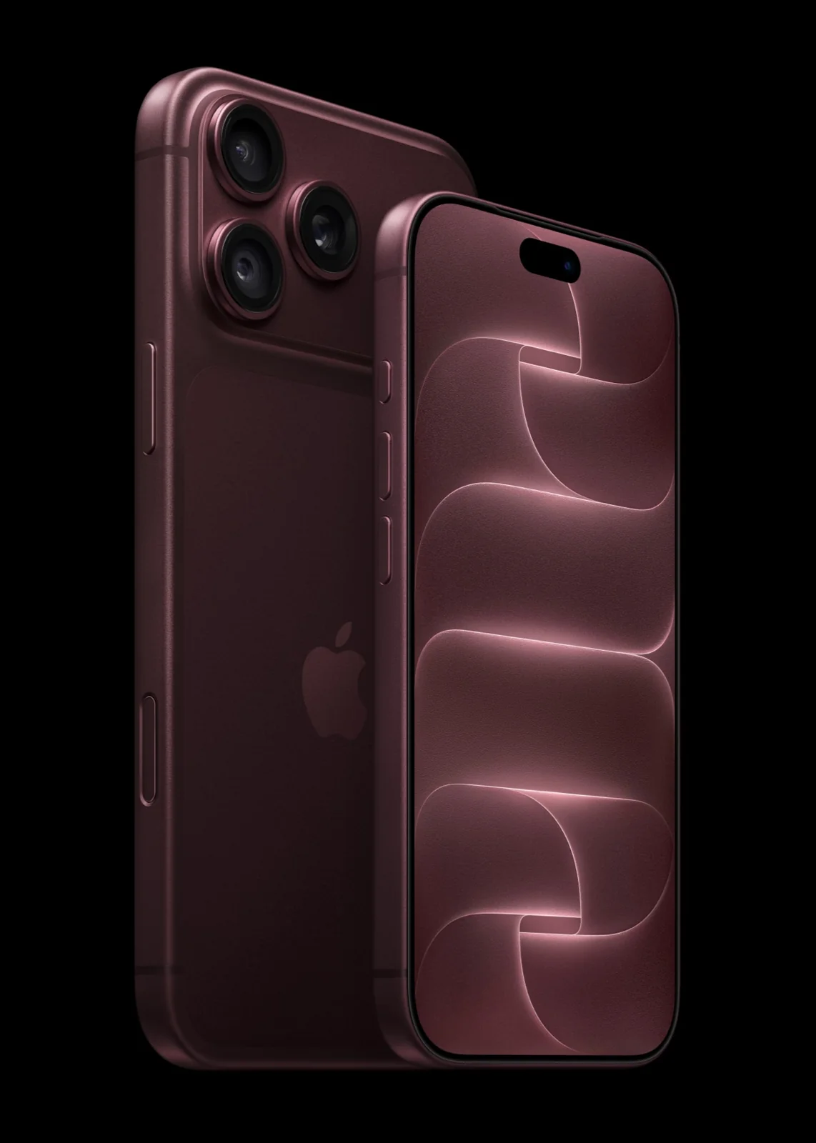 iPhone 18 Pro warna burgundy tampak belakang dengan tiga kamera dan tampak depan dengan Dynamic Island