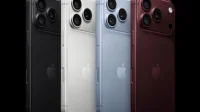 Empat iPhone 18 Pro warna hitam, perak, glacier, dan burgundy berjajar tampak belakang