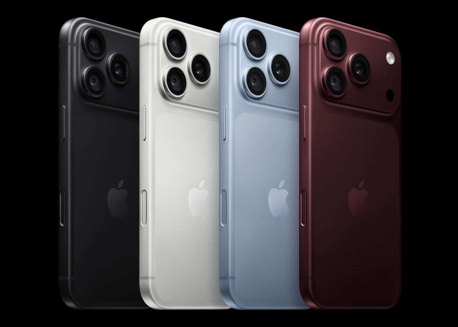 Empat iPhone 18 Pro warna hitam, perak, glacier, dan burgundy berjajar tampak belakang