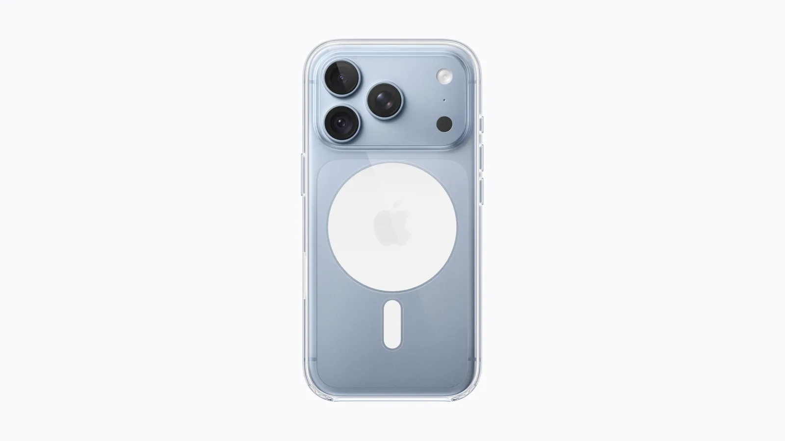 Bagian belakang iPhone 18 Pro warna biru dalam casing bening MagSafe dengan tiga kamera belakang