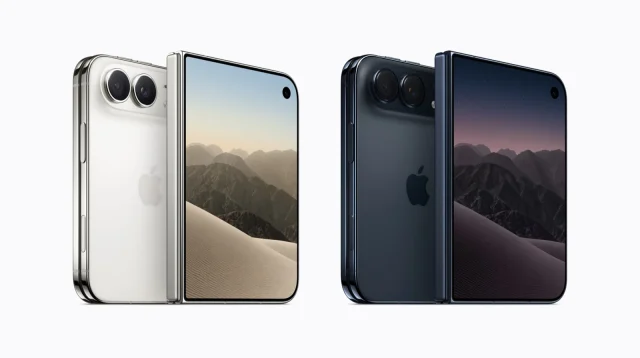 iPhone Duo warna Star White dan Night Sky dalam posisi setengah terbuka, foto utama review iPhone Duo