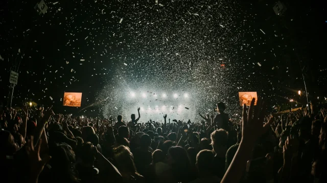 Kerumunan penonton konser mengangkat tangan di depan panggung bercahaya terang dengan hujan confetti