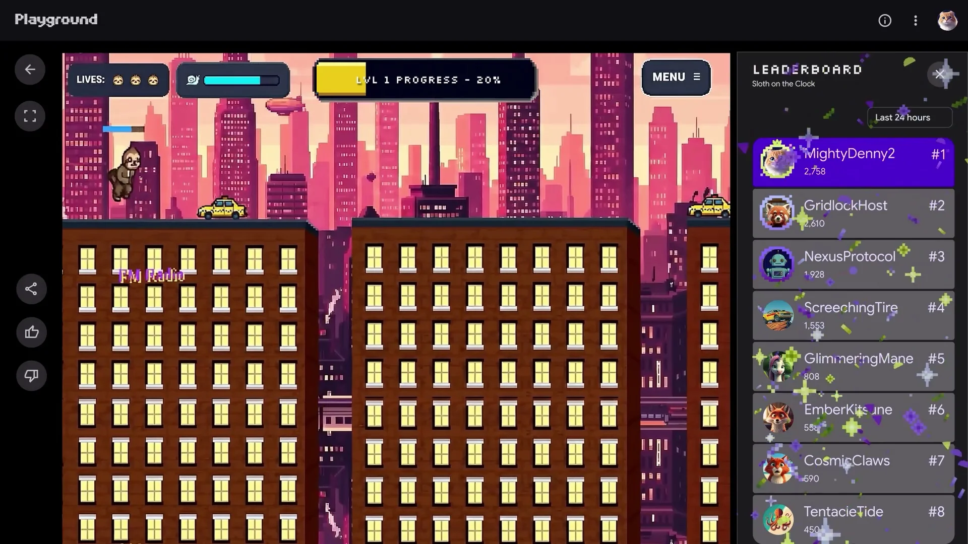 Game platformer kungkang di Google Playground dengan papan peringkat pemain