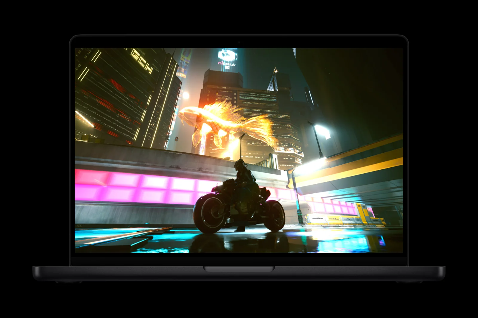MacBook Pro 14 inci M5 menjalankan gim Cyberpunk 2077 Ultimate Edition