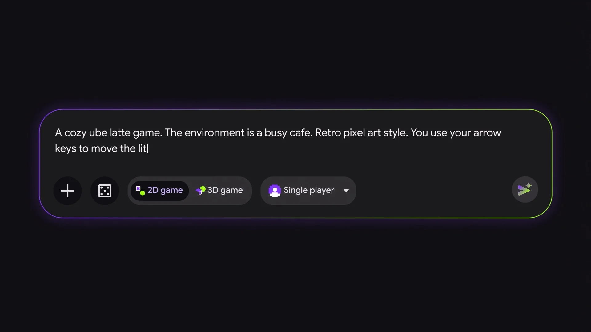 Kolom prompt Google Playground berisi deskripsi game kafe bergaya pixel art