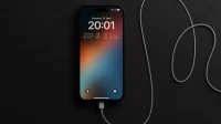 Smartphone di permukaan gelap sedang diisi daya dengan kabel charger putih